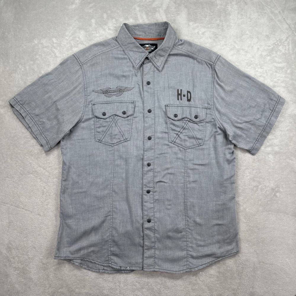 Harley-Davidson Shirt Mens XL Grey Herringbone Biker Graphic Short Sleeve Riding